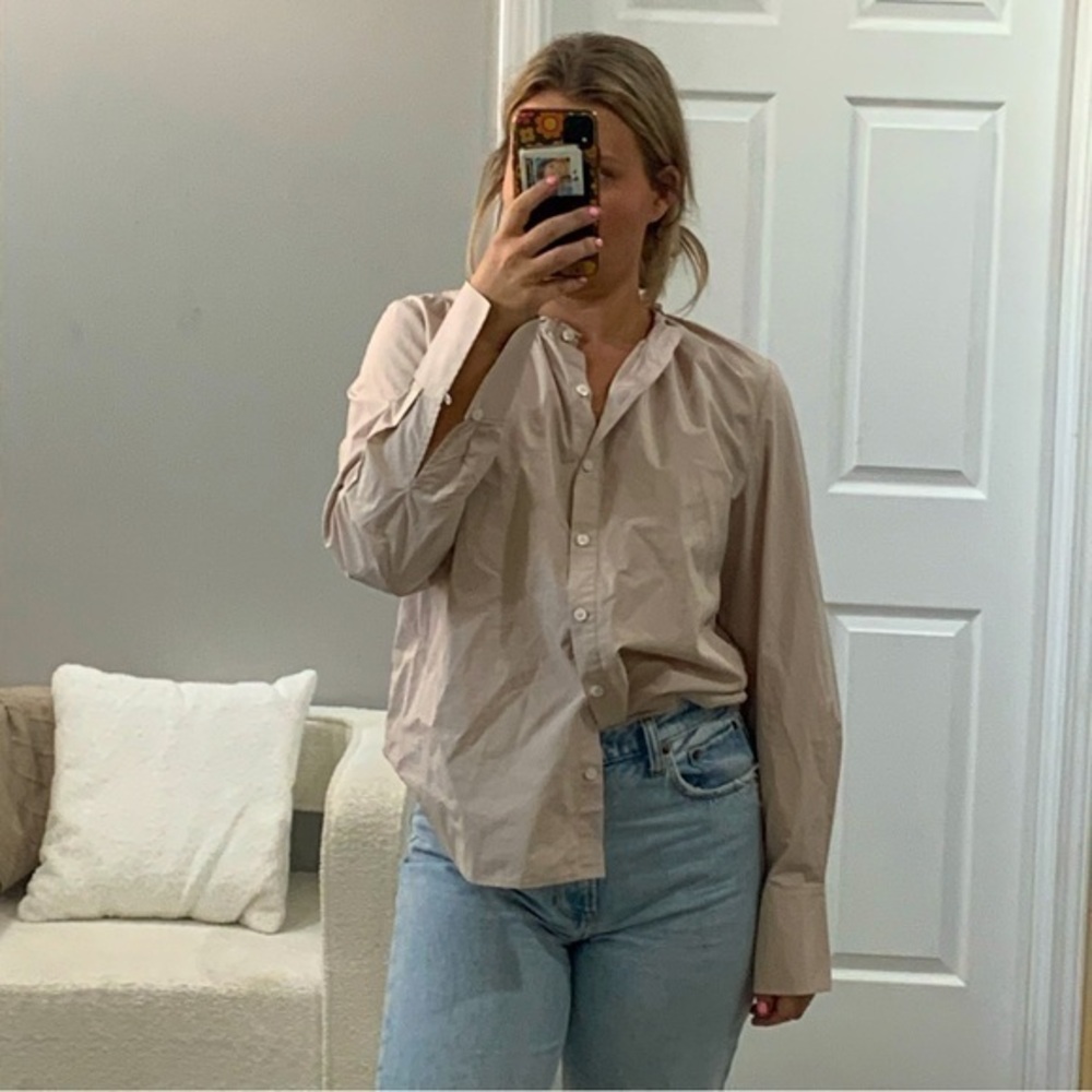 Thakoon Button Down Blouse Ruffle Mock Neck in Beige